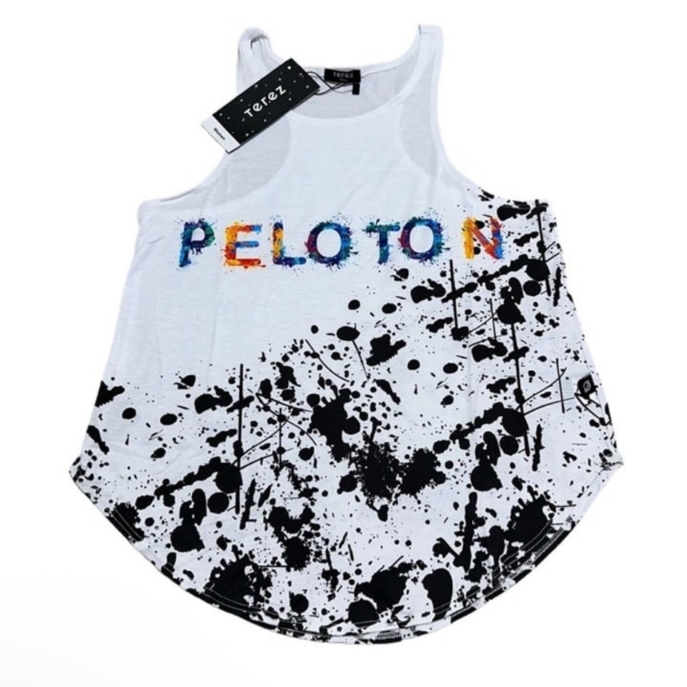 Terez White Tank Top with Multicolor PELOTON Print and Black Splatter